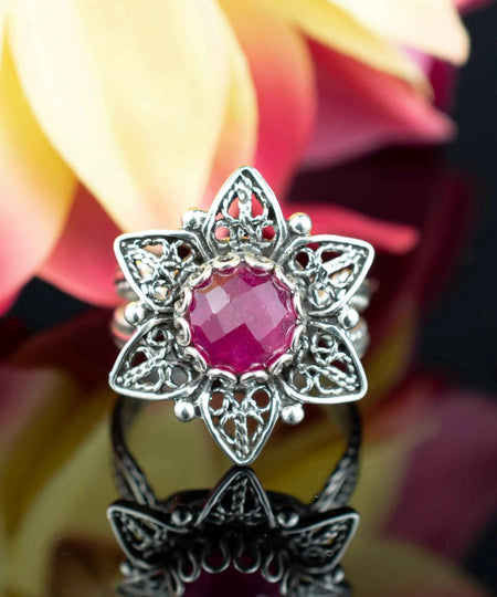 Filigree Art Ruby Corundum Gemstone Daisy Flower Women Silver Cocktail Ring - Drakoi Marketplace