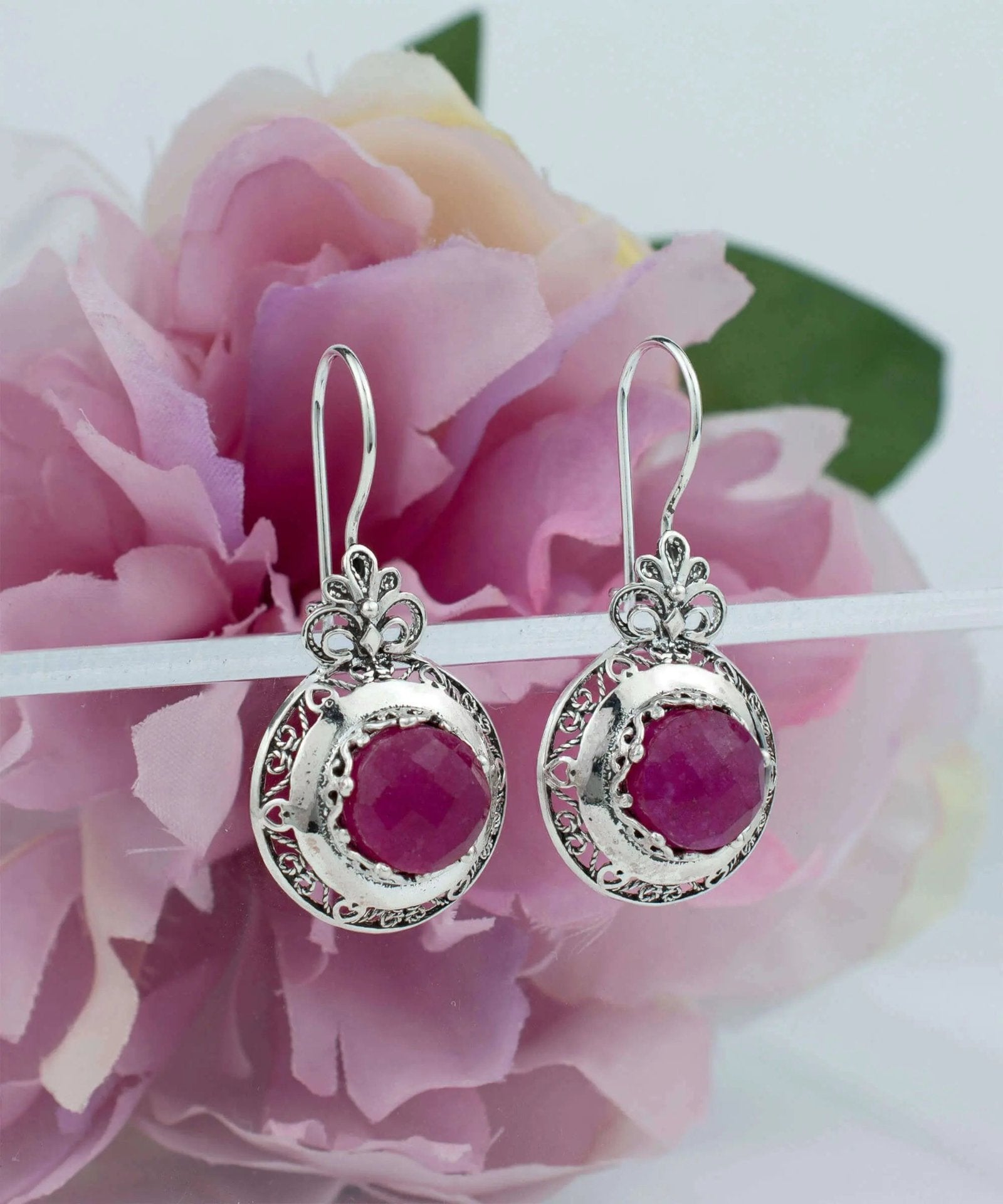 Filigree Art Ruby Corundum Gemstone Floral Design Women Silver Drop Earrings - Drakoi Marketplace