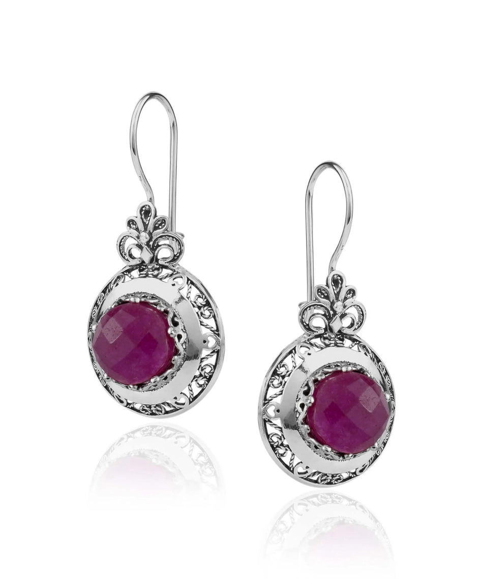 Filigree Art Ruby Corundum Gemstone Floral Design Women Silver Drop Earrings - Drakoi Marketplace