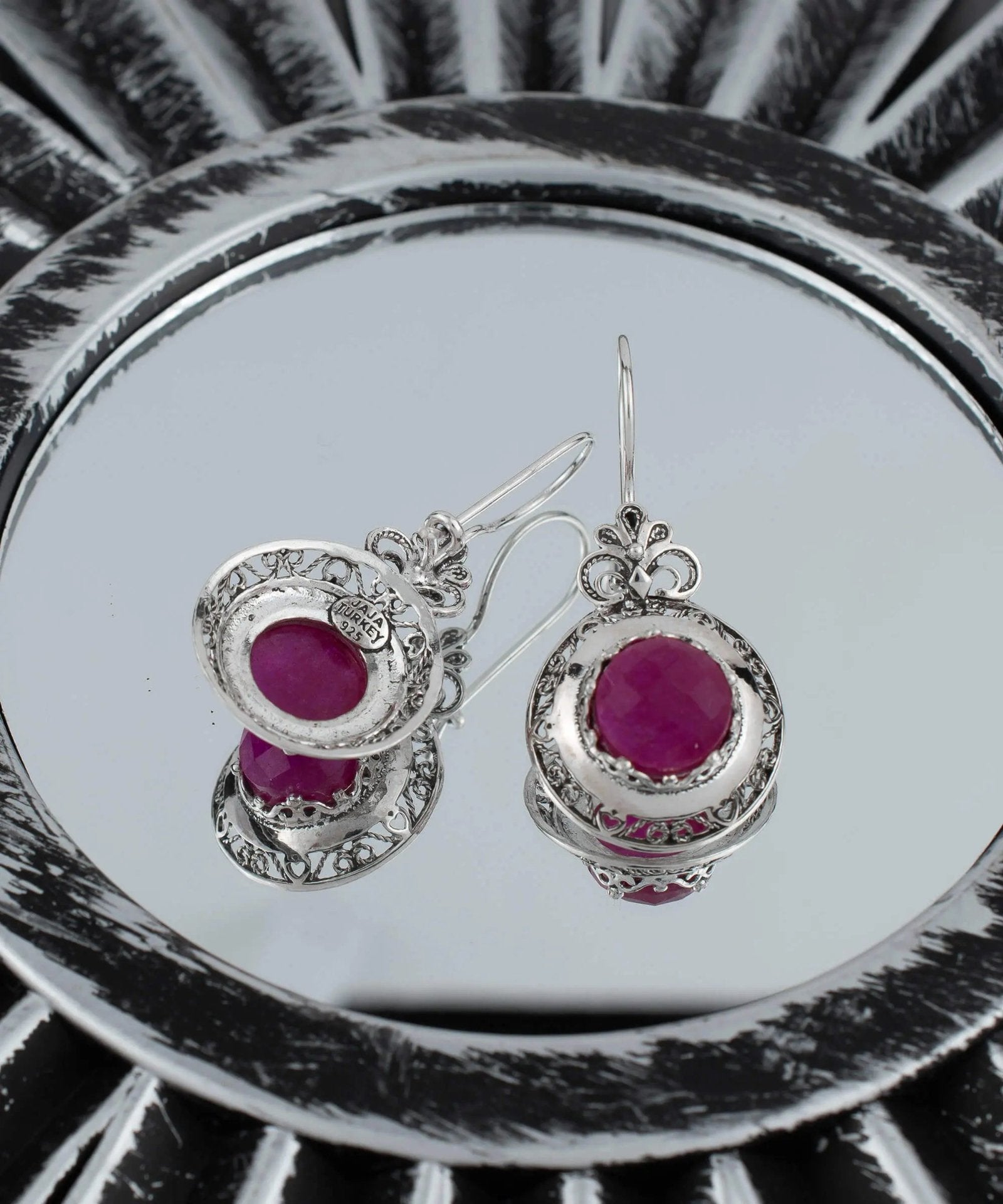 Filigree Art Ruby Corundum Gemstone Floral Design Women Silver Drop Earrings - Drakoi Marketplace