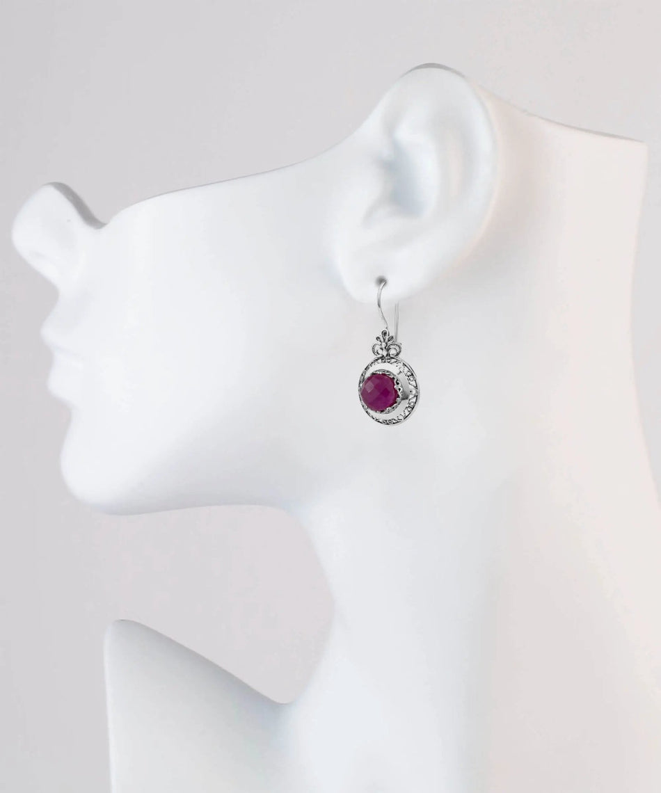Filigree Art Ruby Corundum Gemstone Floral Design Women Silver Drop Earrings - Drakoi Marketplace