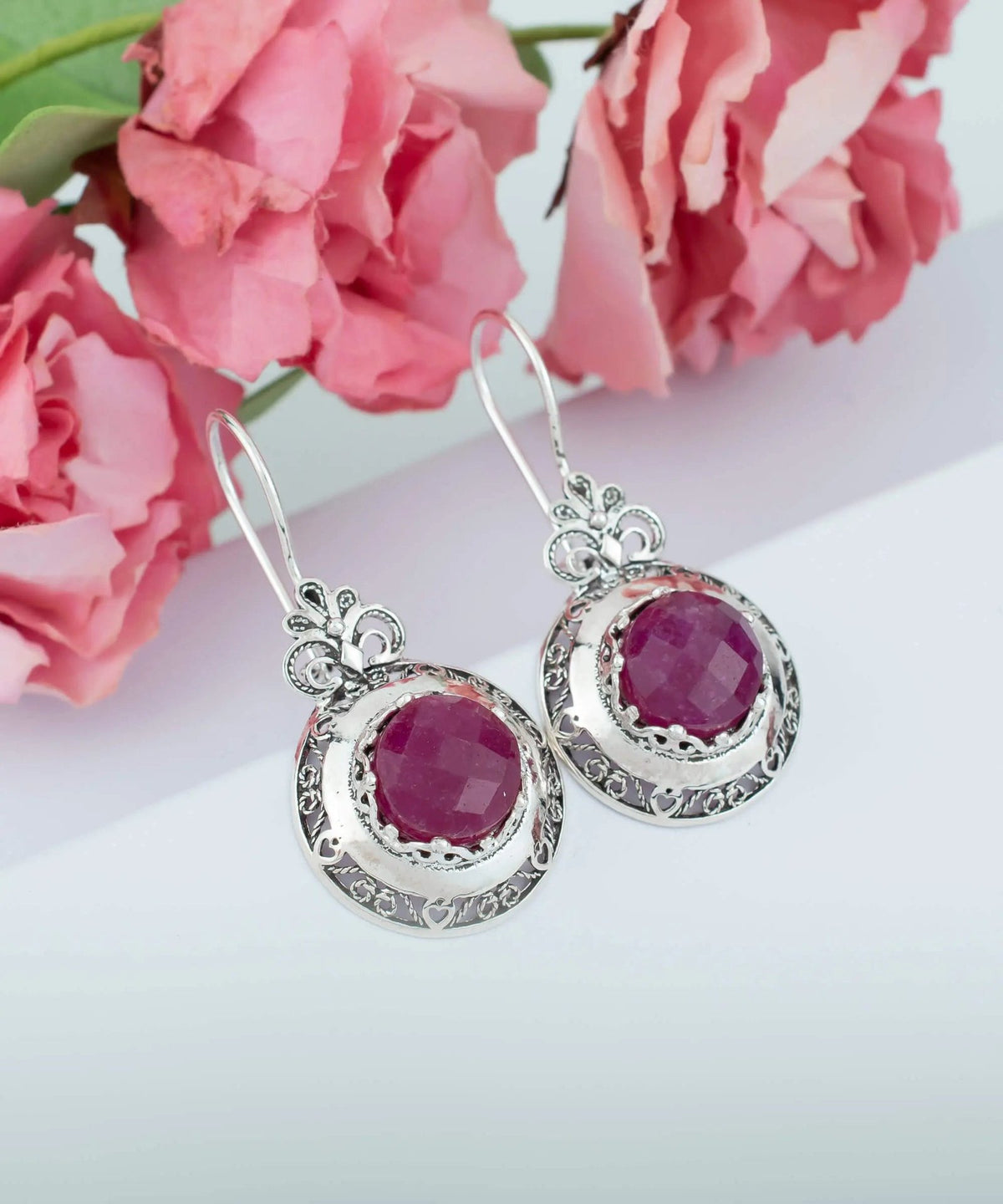 Filigree Art Ruby Corundum Gemstone Floral Design Women Silver Drop Earrings - Drakoi Marketplace