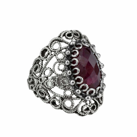 Filigree Art Ruby Corundum Gemstone Lace Women Silver Statement Ring - Drakoi Marketplace