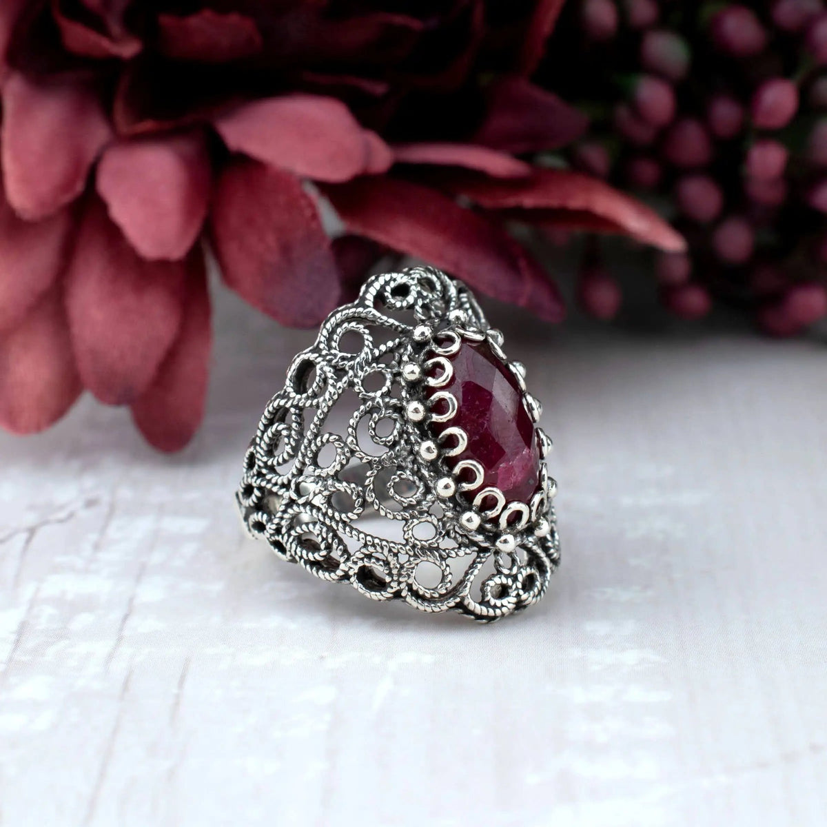 Filigree Art Ruby Corundum Gemstone Lace Women Silver Statement Ring - Drakoi Marketplace