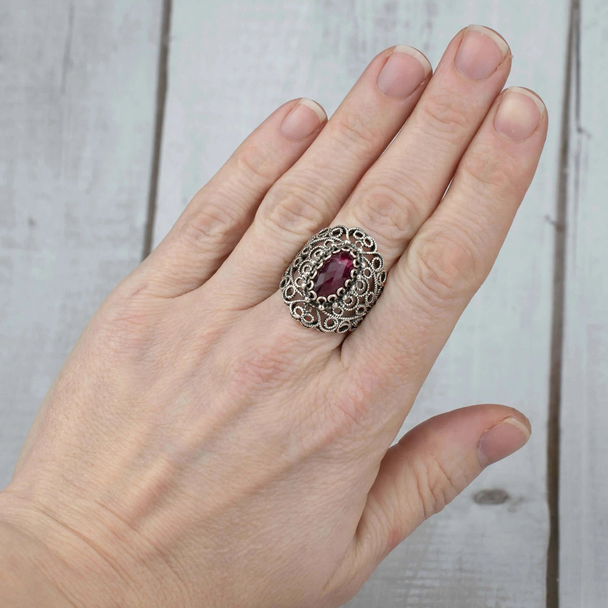 Filigree Art Ruby Corundum Gemstone Lace Women Silver Statement Ring - Drakoi Marketplace