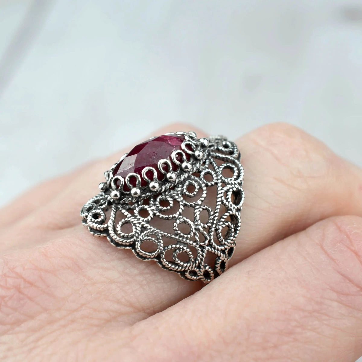 Filigree Art Ruby Corundum Gemstone Lace Women Silver Statement Ring - Drakoi Marketplace