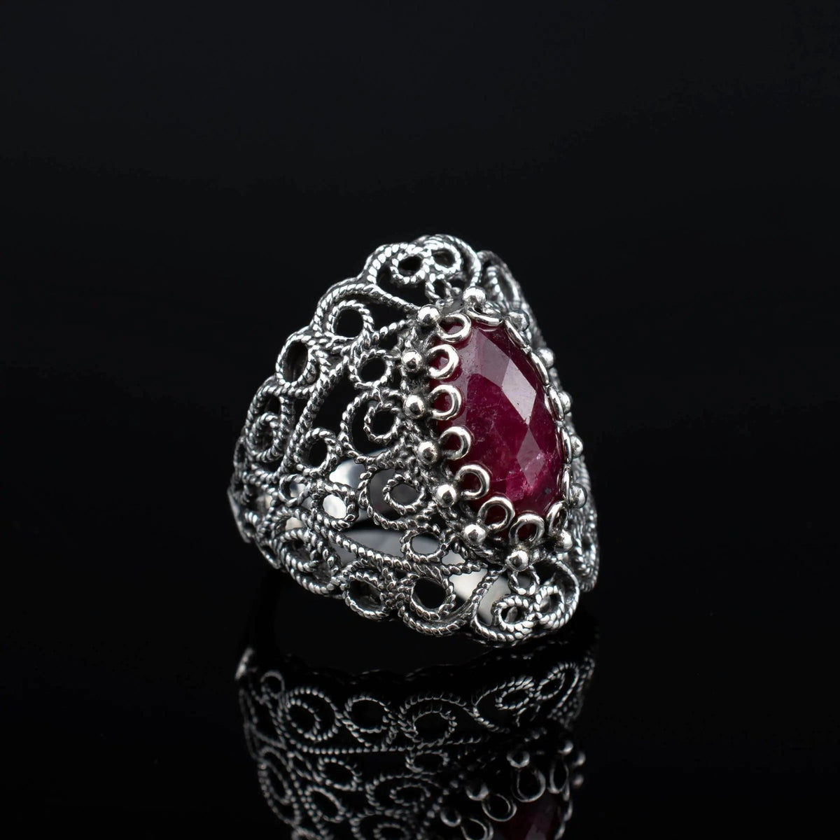 Filigree Art Ruby Corundum Gemstone Lace Women Silver Statement Ring - Drakoi Marketplace