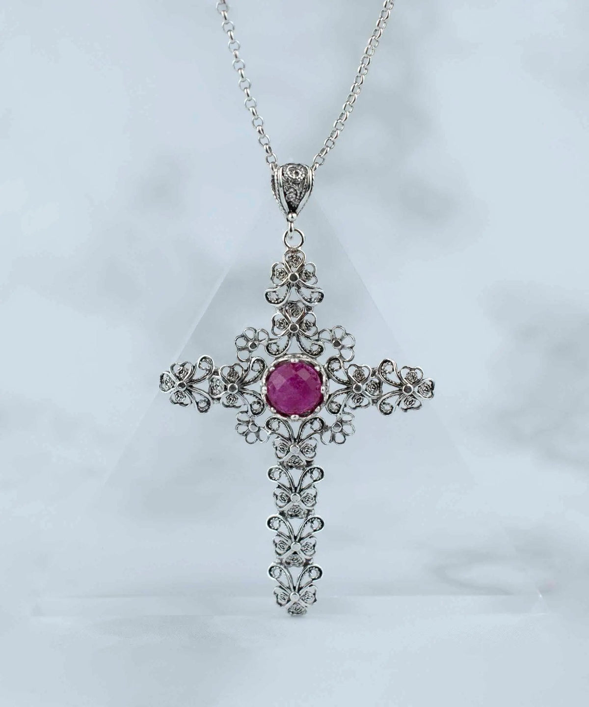 Filigree Art Ruby Corundum Gemstone Silver Cross Design Women Pendant Necklace - Drakoi Marketplace