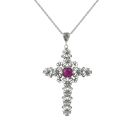 Filigree Art Ruby Corundum Gemstone Silver Cross Design Women Pendant Necklace - Drakoi Marketplace