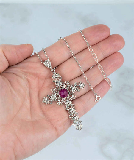 Filigree Art Ruby Corundum Gemstone Silver Cross Design Women Pendant Necklace - Drakoi Marketplace