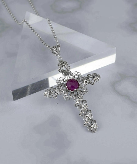 Filigree Art Ruby Corundum Gemstone Silver Cross Design Women Pendant Necklace - Drakoi Marketplace