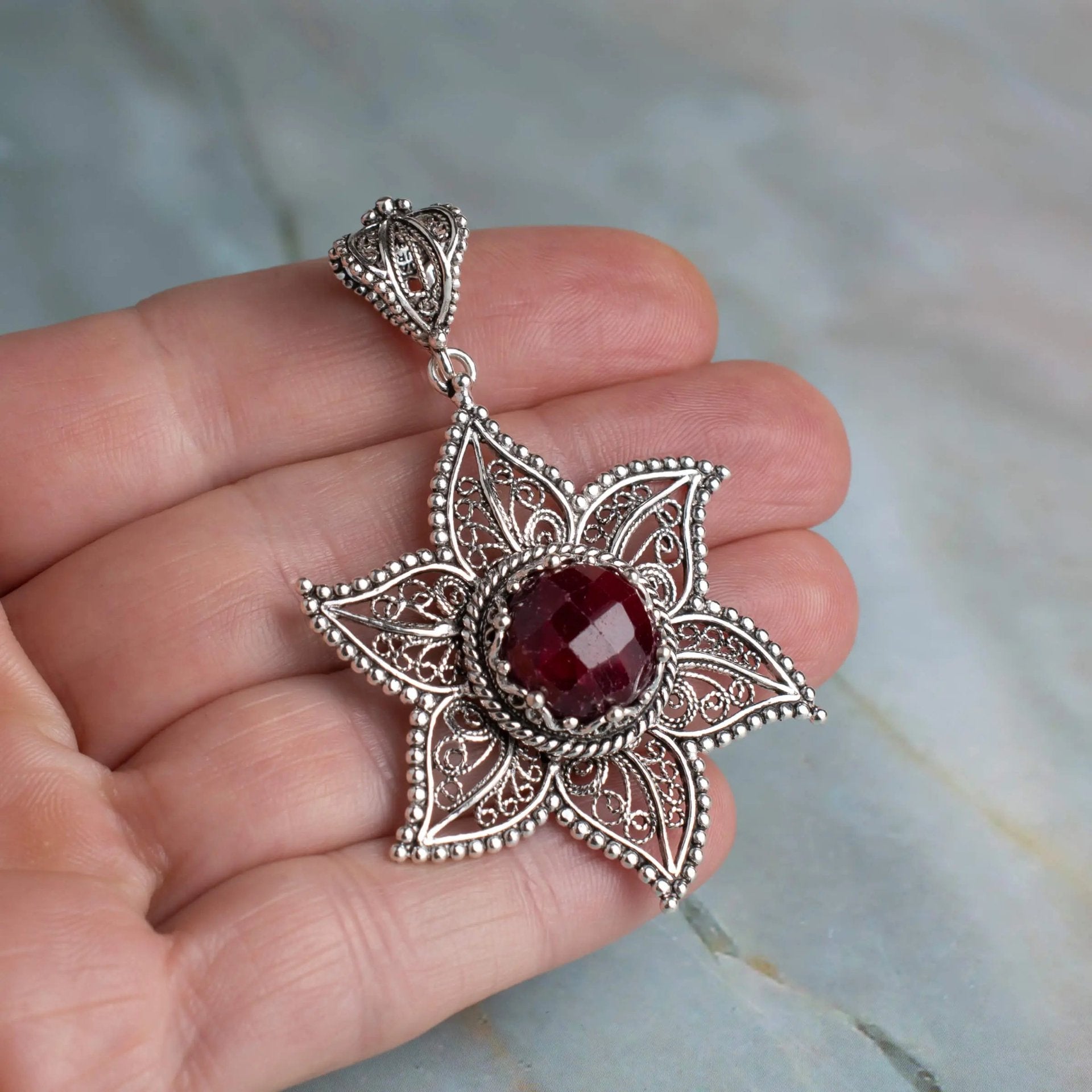 Filigree Art Ruby Corundum Gemstone Star Design Women Silver Pendant Necklace - Drakoi Marketplace