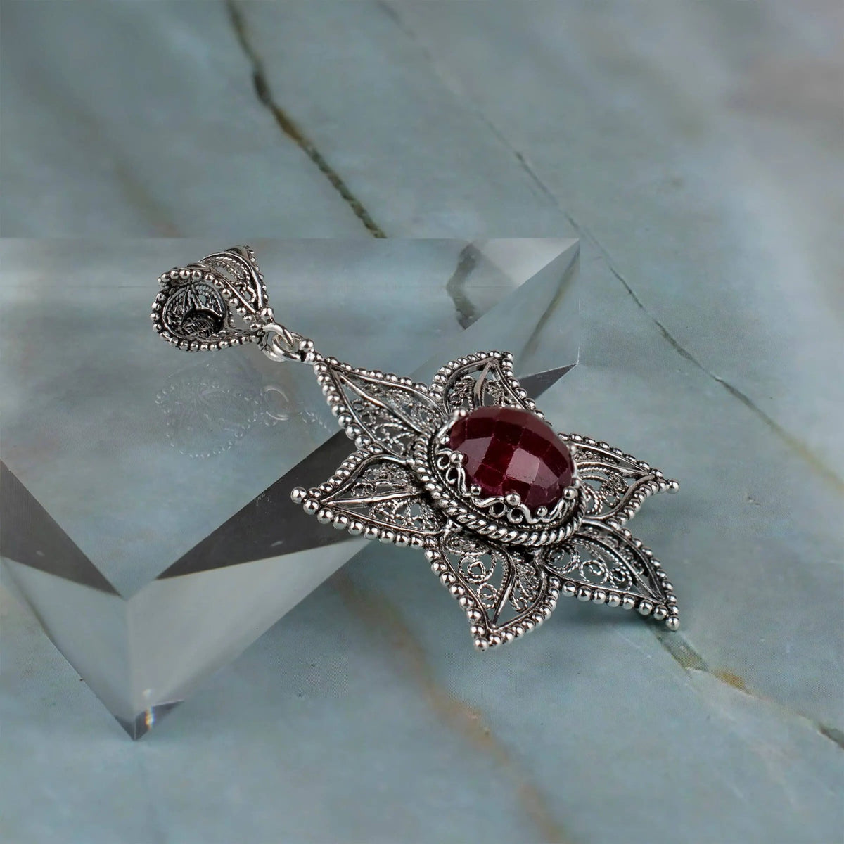 Filigree Art Ruby Corundum Gemstone Star Design Women Silver Pendant Necklace - Drakoi Marketplace