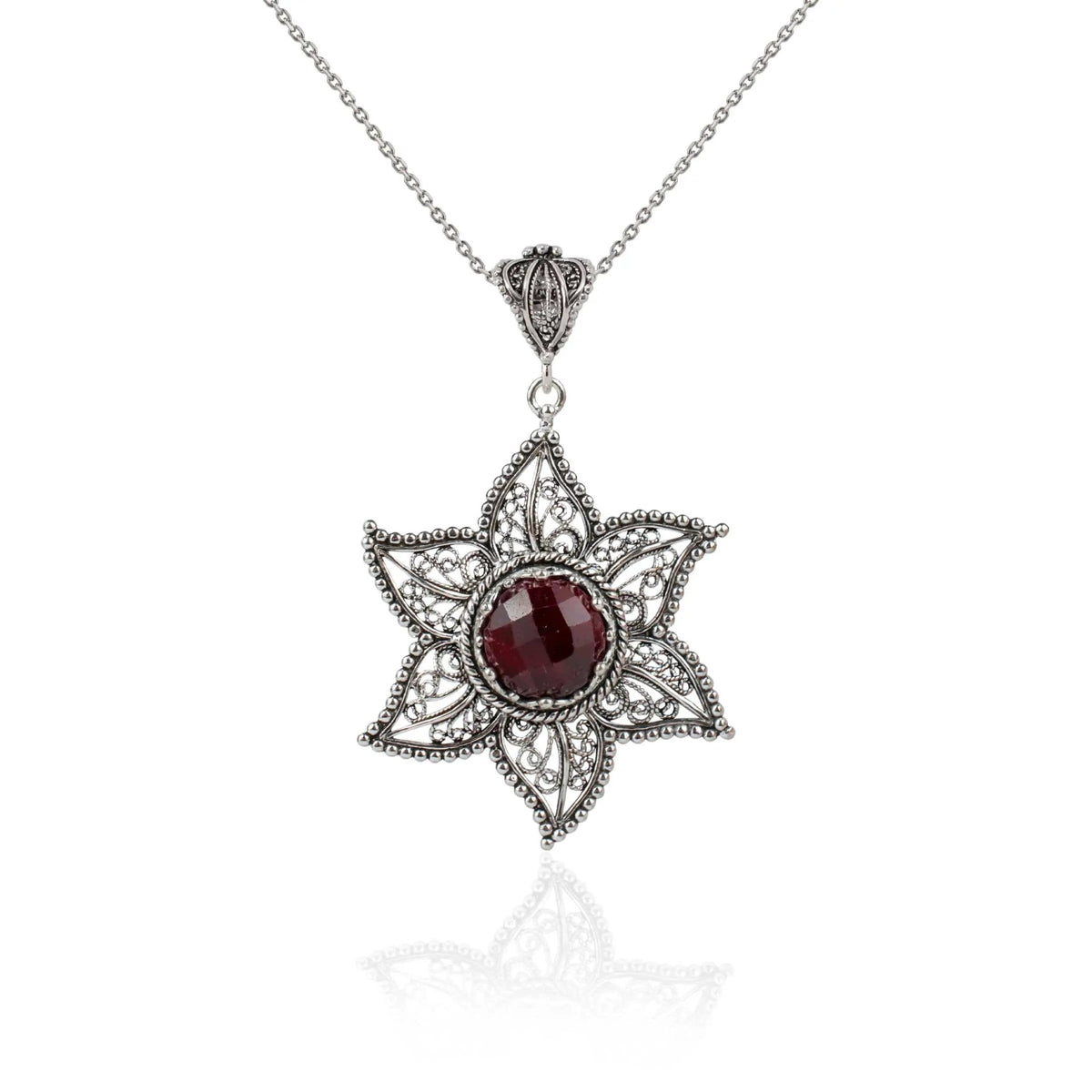 Filigree Art Ruby Corundum Gemstone Star Design Women Silver Pendant Necklace - Drakoi Marketplace