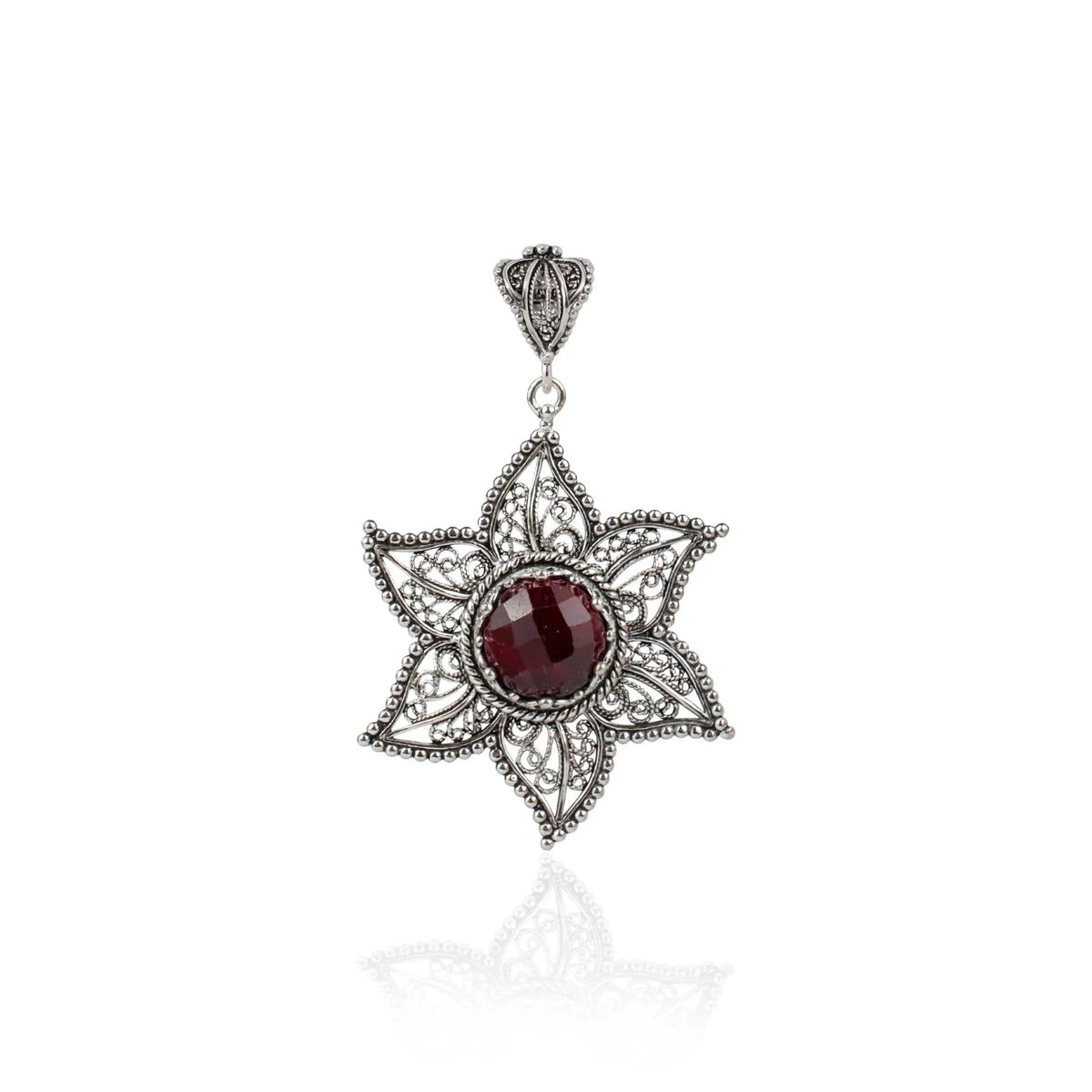 Filigree Art Ruby Corundum Gemstone Star Design Women Silver Pendant Necklace - Drakoi Marketplace