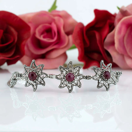 Filigree Art Ruby Corundum Gemstone Star Figured Women Silver Link Bracelet - Drakoi Marketplace