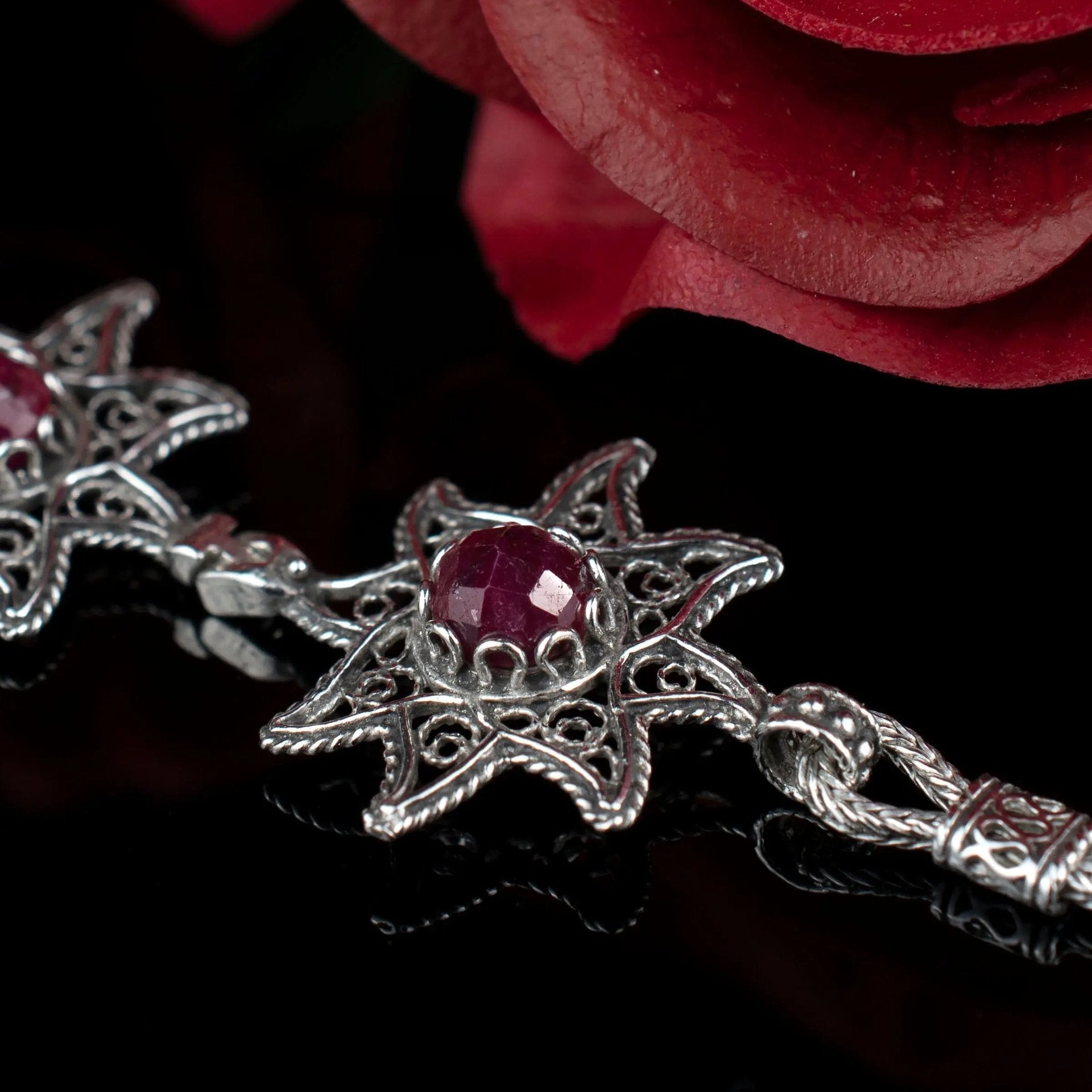 Filigree Art Ruby Corundum Gemstone Star Figured Women Silver Link Bracelet - Drakoi Marketplace