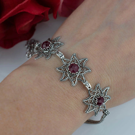 Filigree Art Ruby Corundum Gemstone Star Figured Women Silver Link Bracelet - Drakoi Marketplace