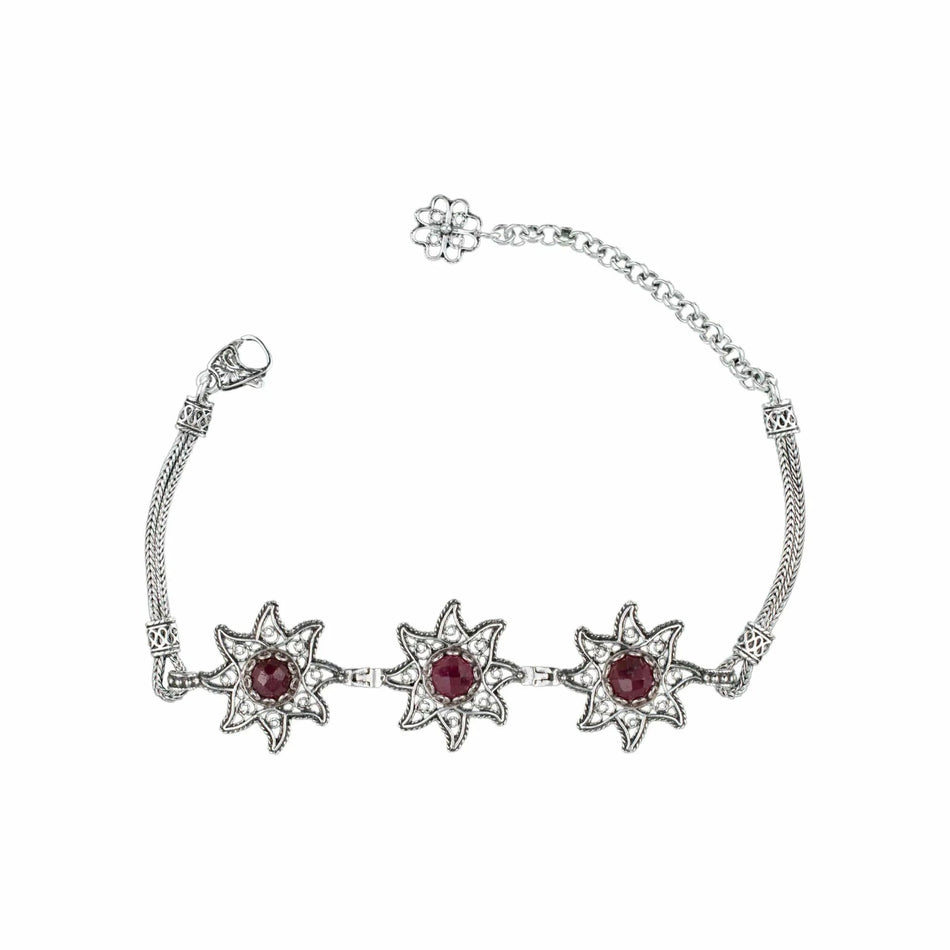 Filigree Art Ruby Corundum Gemstone Star Figured Women Silver Link Bracelet - Drakoi Marketplace