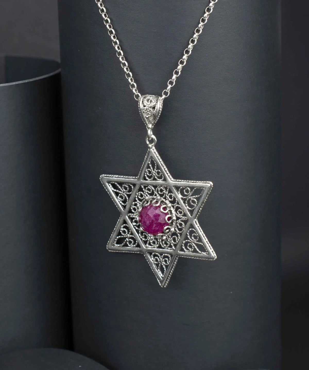 Filigree Art Ruby Corundum Gemstone Star of David Women Silver Pendant Necklace - Drakoi Marketplace