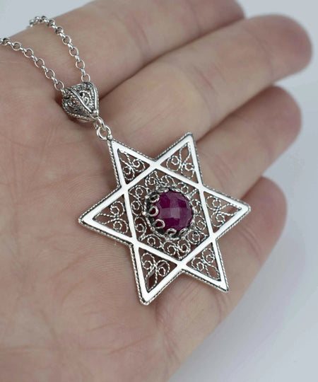 Filigree Art Ruby Corundum Gemstone Star of David Women Silver Pendant Necklace - Drakoi Marketplace