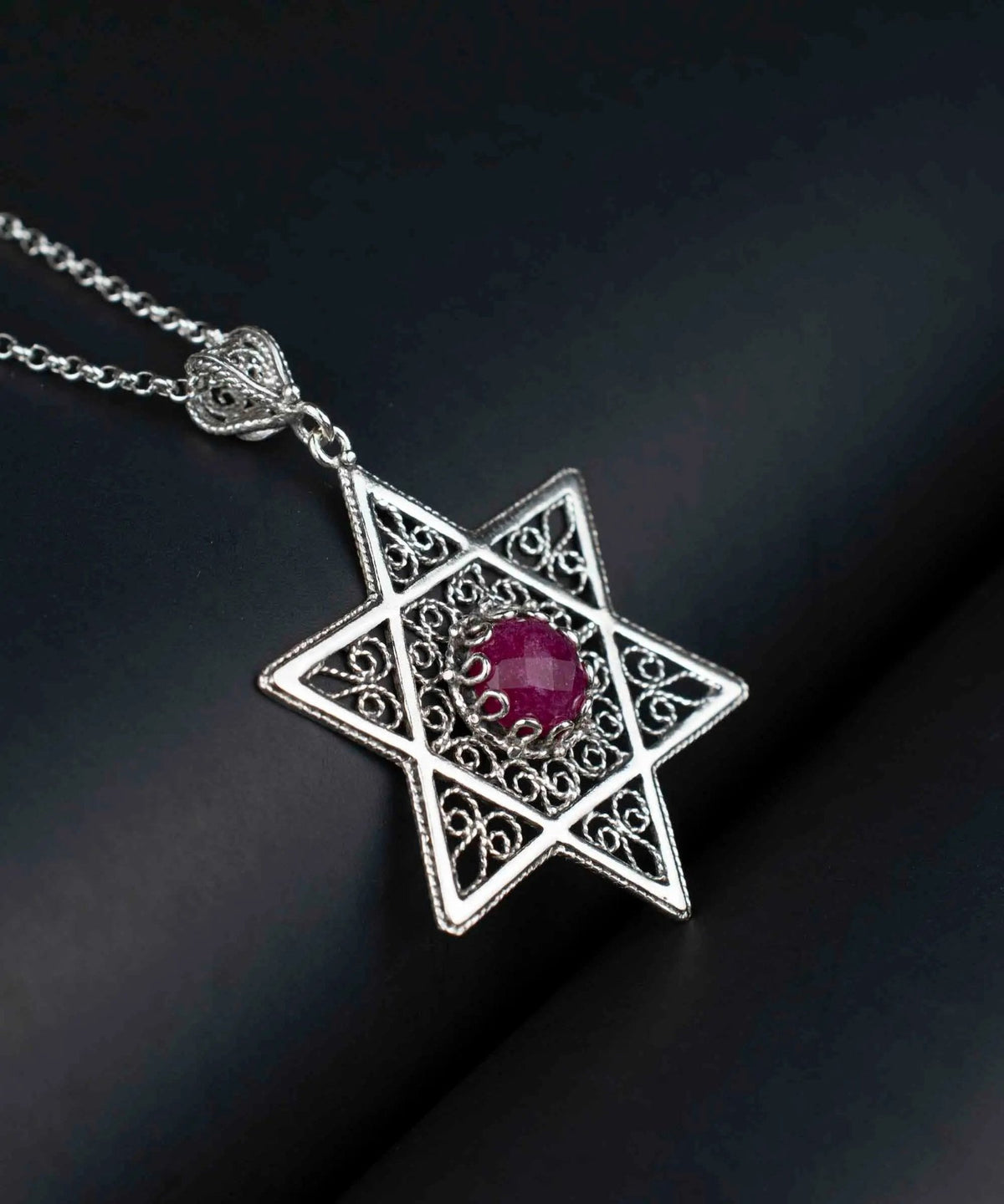 Filigree Art Ruby Corundum Gemstone Star of David Women Silver Pendant Necklace - Drakoi Marketplace