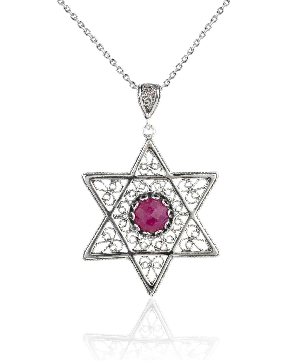 Filigree Art Ruby Corundum Gemstone Star of David Women Silver Pendant Necklace - Drakoi Marketplace