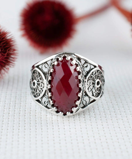 Filigree Art Ruby Corundum Gemstone Women Oval Silver Cocktail Ring - Drakoi Marketplace