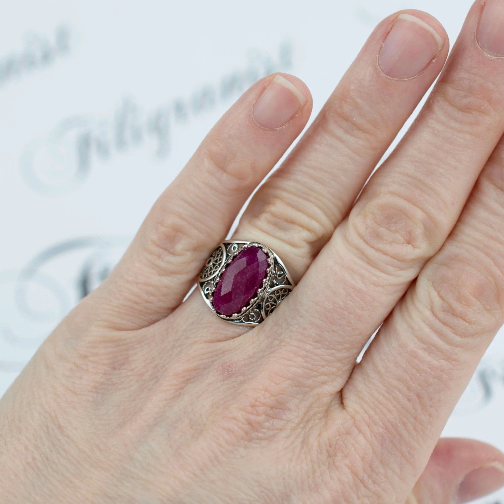 Filigree Art Ruby Corundum Gemstone Women Oval Silver Cocktail Ring - Drakoi Marketplace