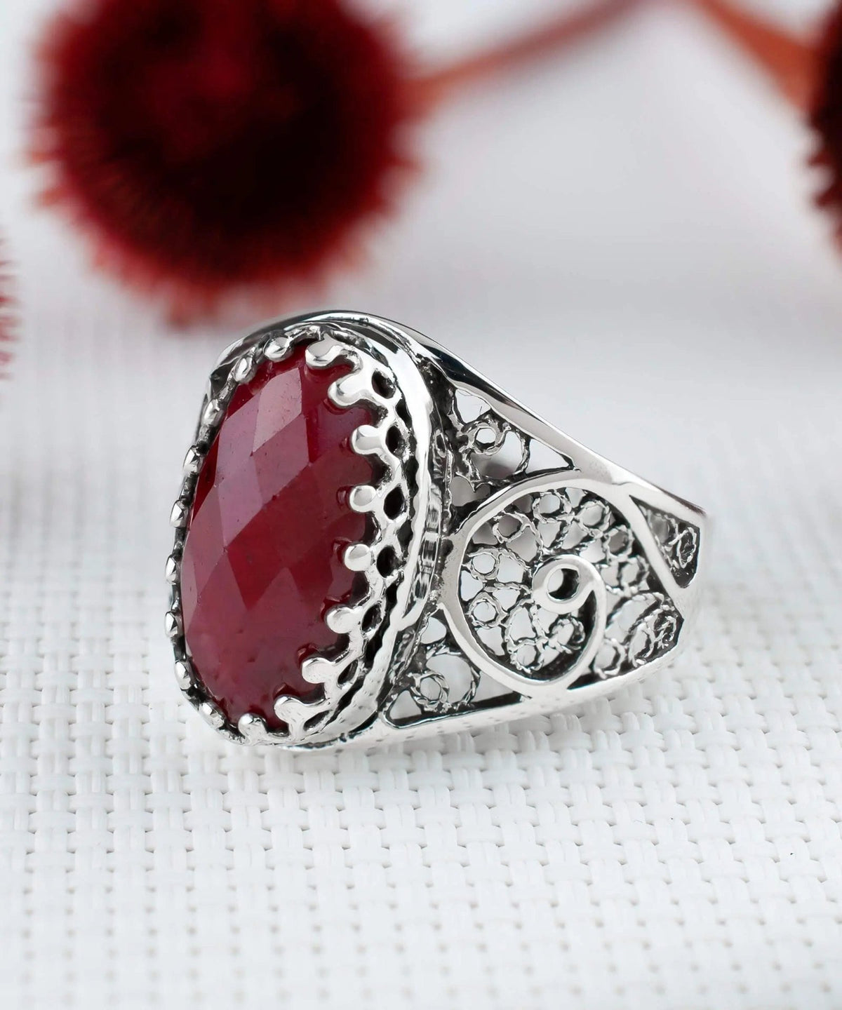 Filigree Art Ruby Corundum Gemstone Women Oval Silver Cocktail Ring - Drakoi Marketplace