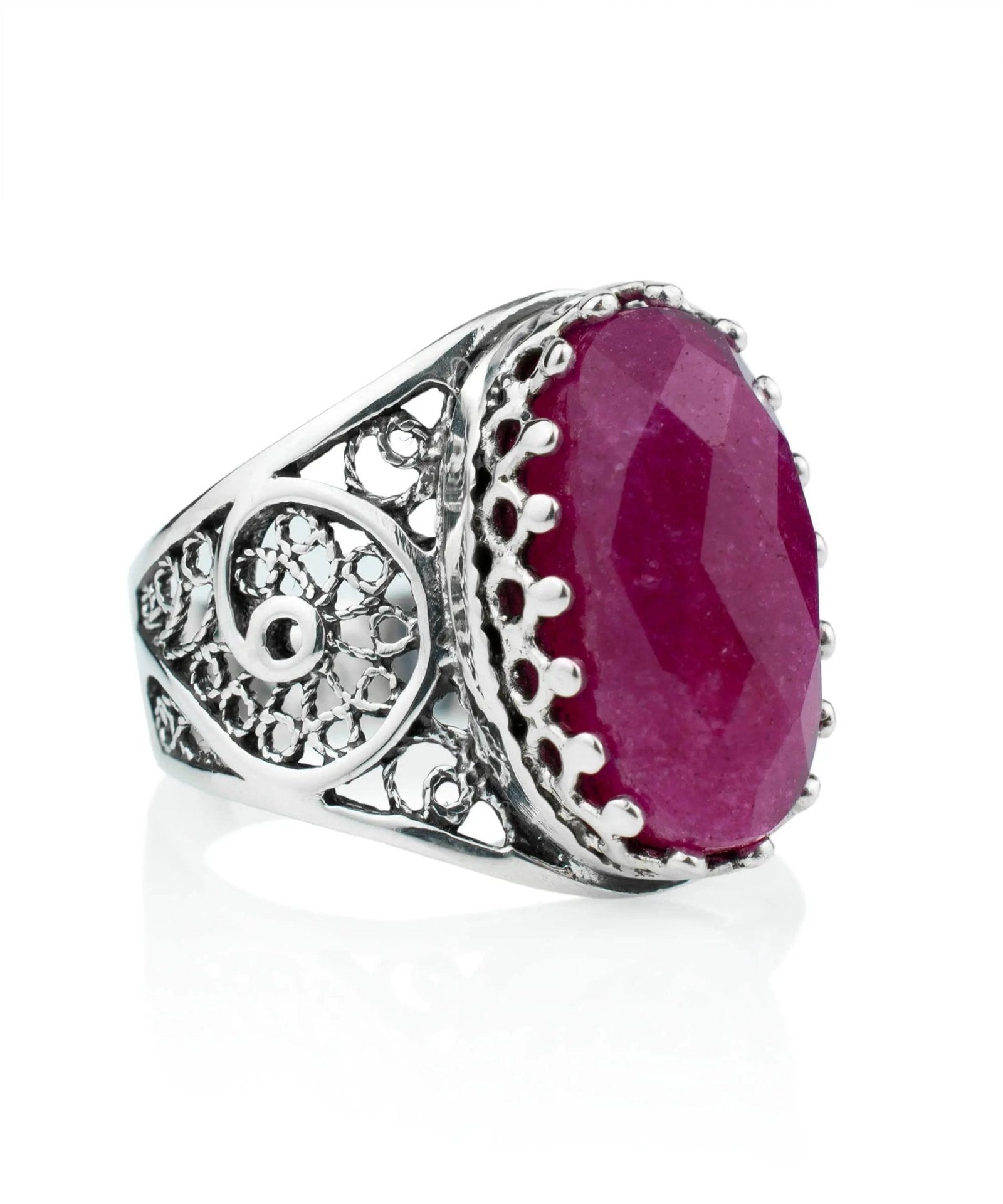 Filigree Art Ruby Corundum Gemstone Women Oval Silver Cocktail Ring - Drakoi Marketplace