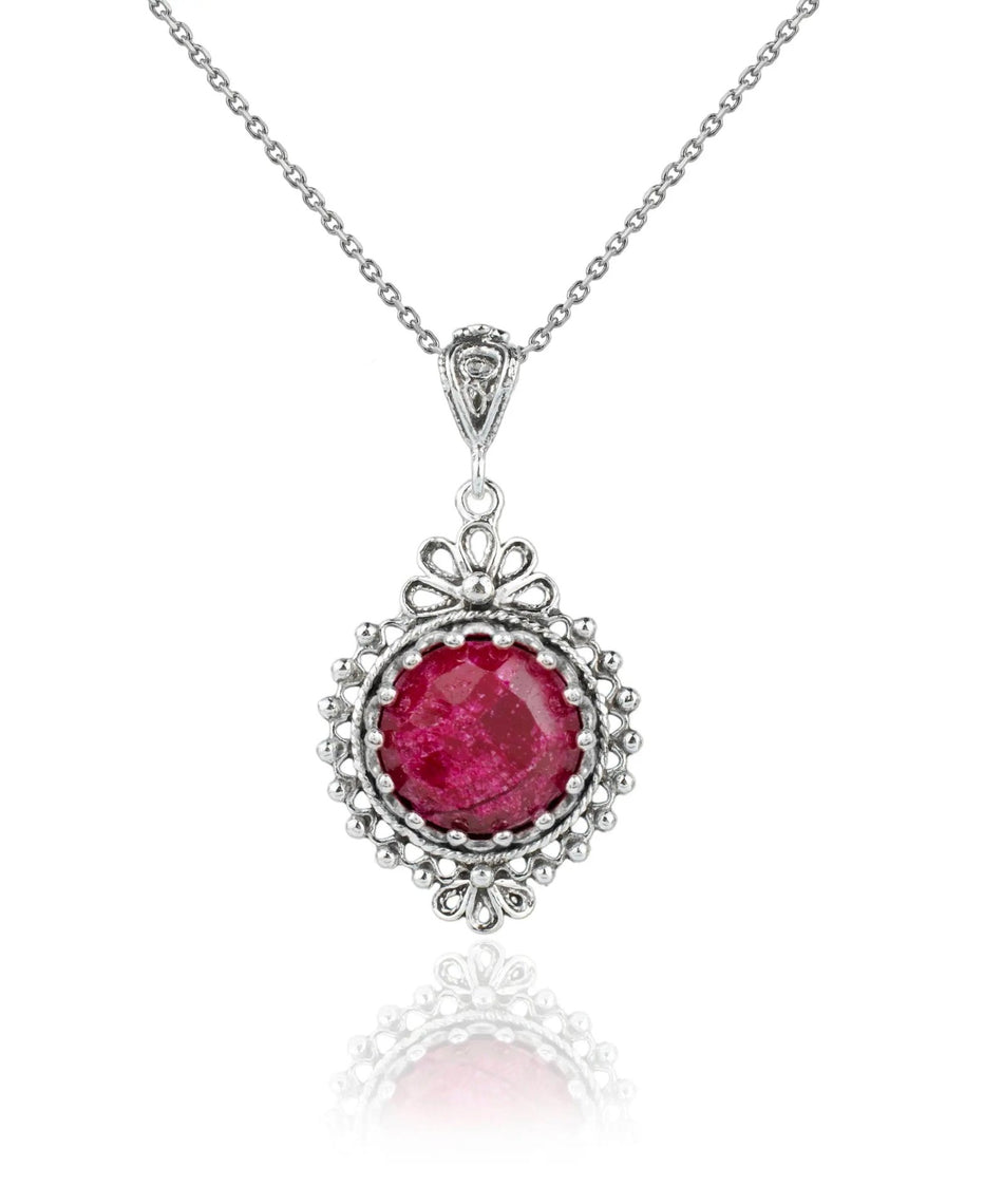 Filigree Art Ruby Corundum Gemstone Women Silver Boho Pendant Necklace - Drakoi Marketplace