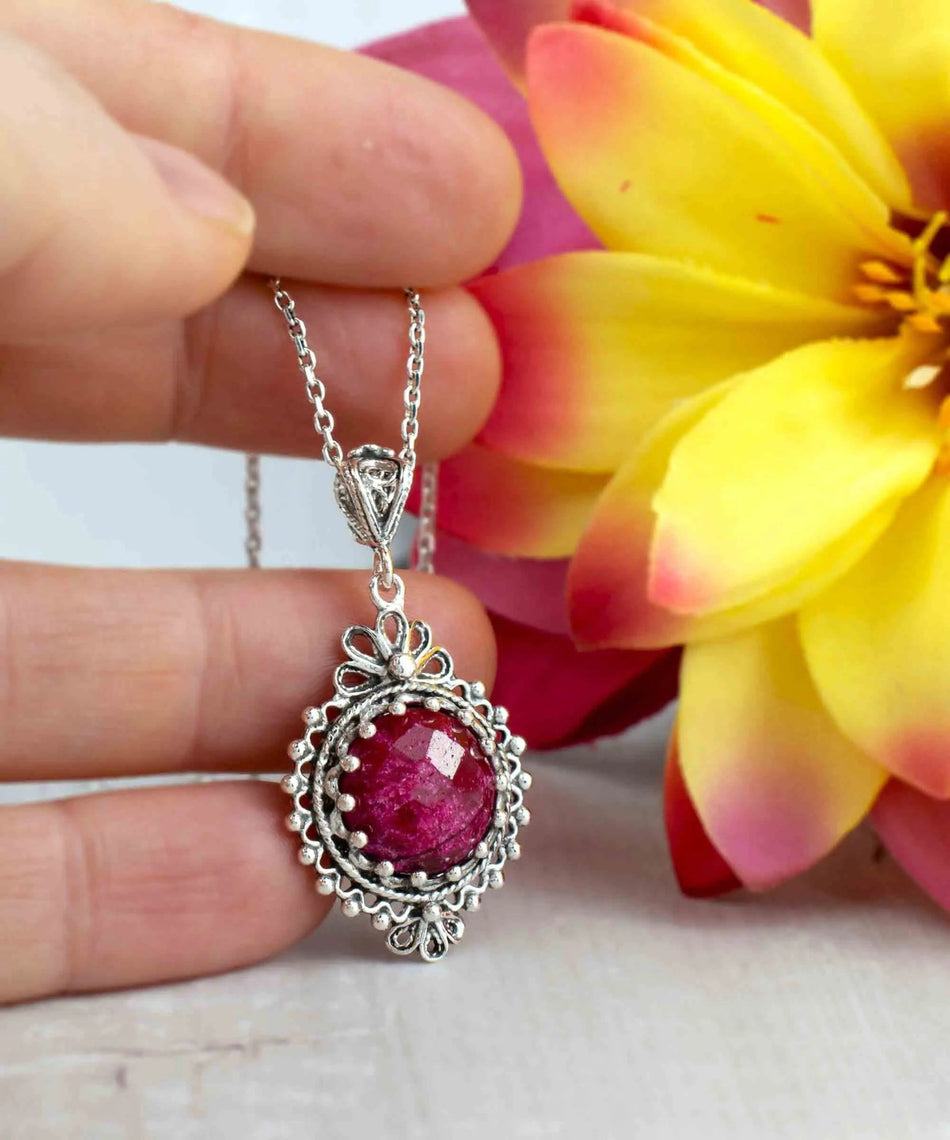 Filigree Art Ruby Corundum Gemstone Women Silver Boho Pendant Necklace - Drakoi Marketplace