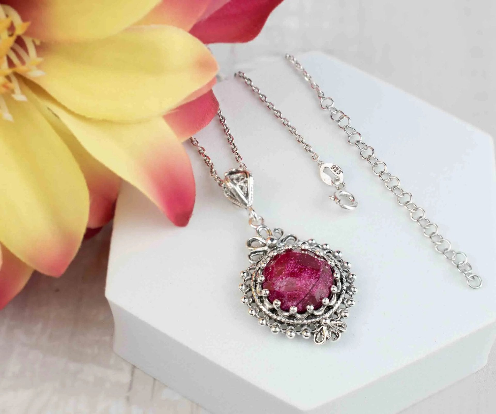 Filigree Art Ruby Corundum Gemstone Women Silver Boho Pendant Necklace - Drakoi Marketplace