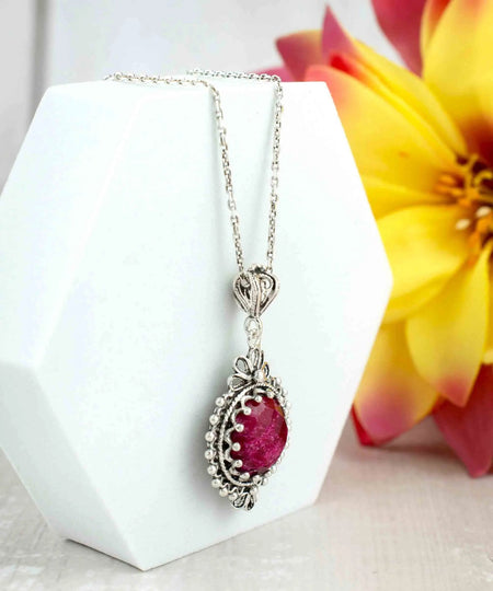 Filigree Art Ruby Corundum Gemstone Women Silver Boho Pendant Necklace - Drakoi Marketplace