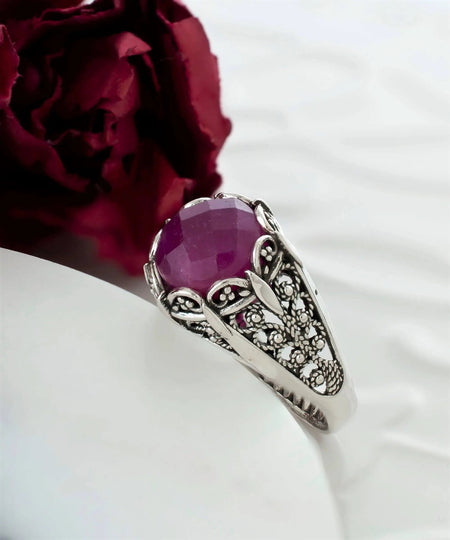 Filigree Art Ruby Corundum Gemstone Women Silver Cocktail Ring - Drakoi Marketplace