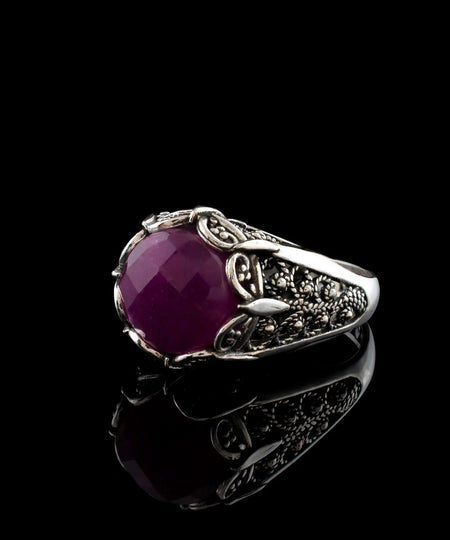 Filigree Art Ruby Corundum Gemstone Women Silver Cocktail Ring - Drakoi Marketplace