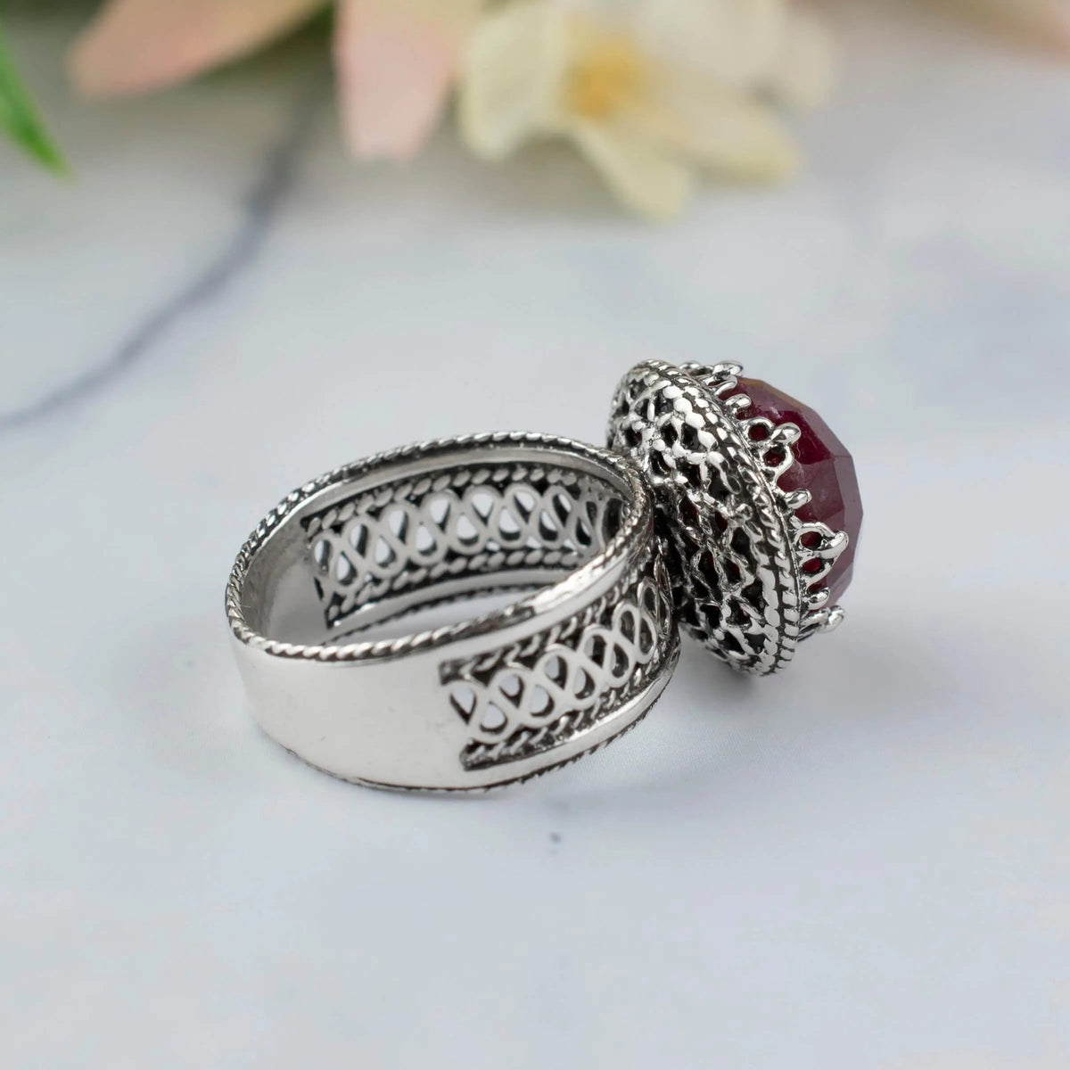 Filigree Art Ruby Corundum Gemstone Women Silver Cocktail Ring - Drakoi Marketplace