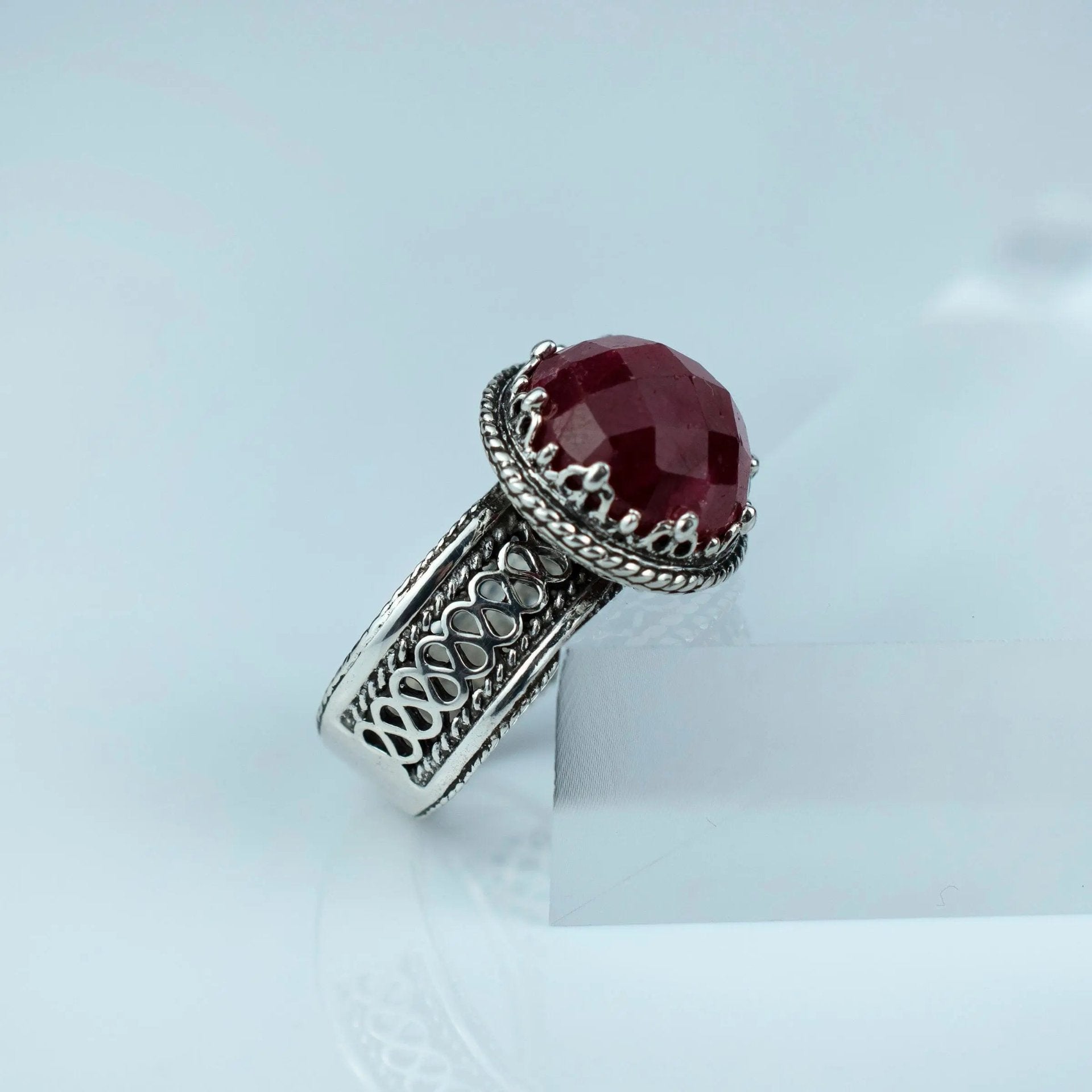 Filigree Art Ruby Corundum Gemstone Women Silver Cocktail Ring - Drakoi Marketplace