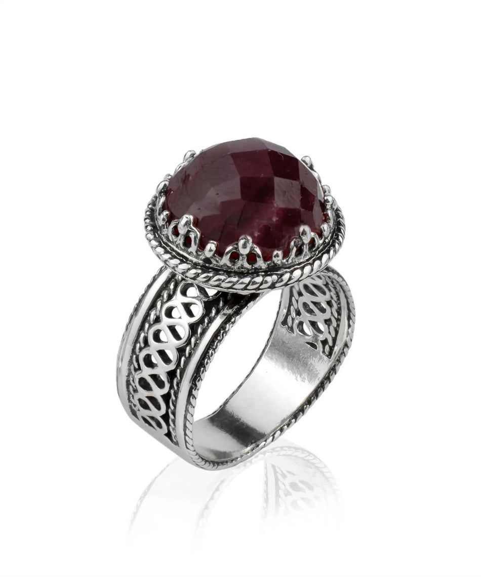 Filigree Art Ruby Corundum Gemstone Women Silver Cocktail Ring - Drakoi Marketplace