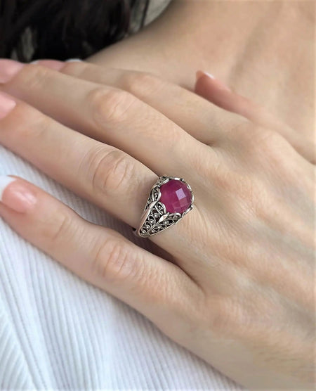 Filigree Art Ruby Corundum Gemstone Women Silver Cocktail Ring - Drakoi Marketplace