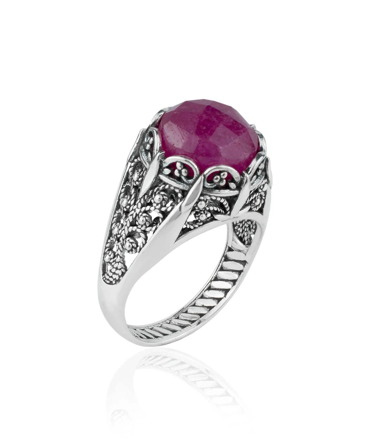 Filigree Art Ruby Corundum Gemstone Women Silver Cocktail Ring - Drakoi Marketplace