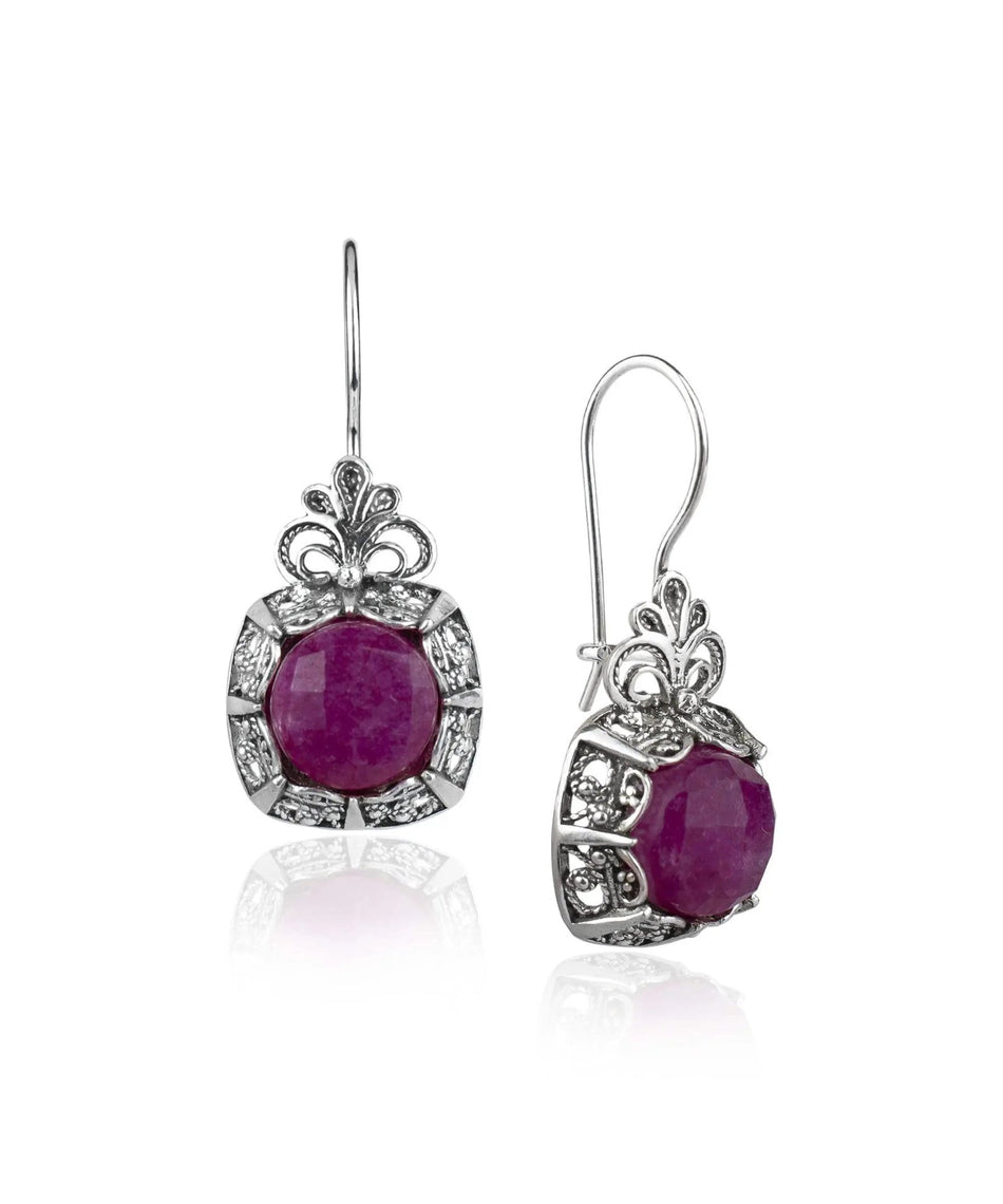 Filigree Art Ruby Corundum Gemstone Women Silver Drop Earrings - Drakoi Marketplace