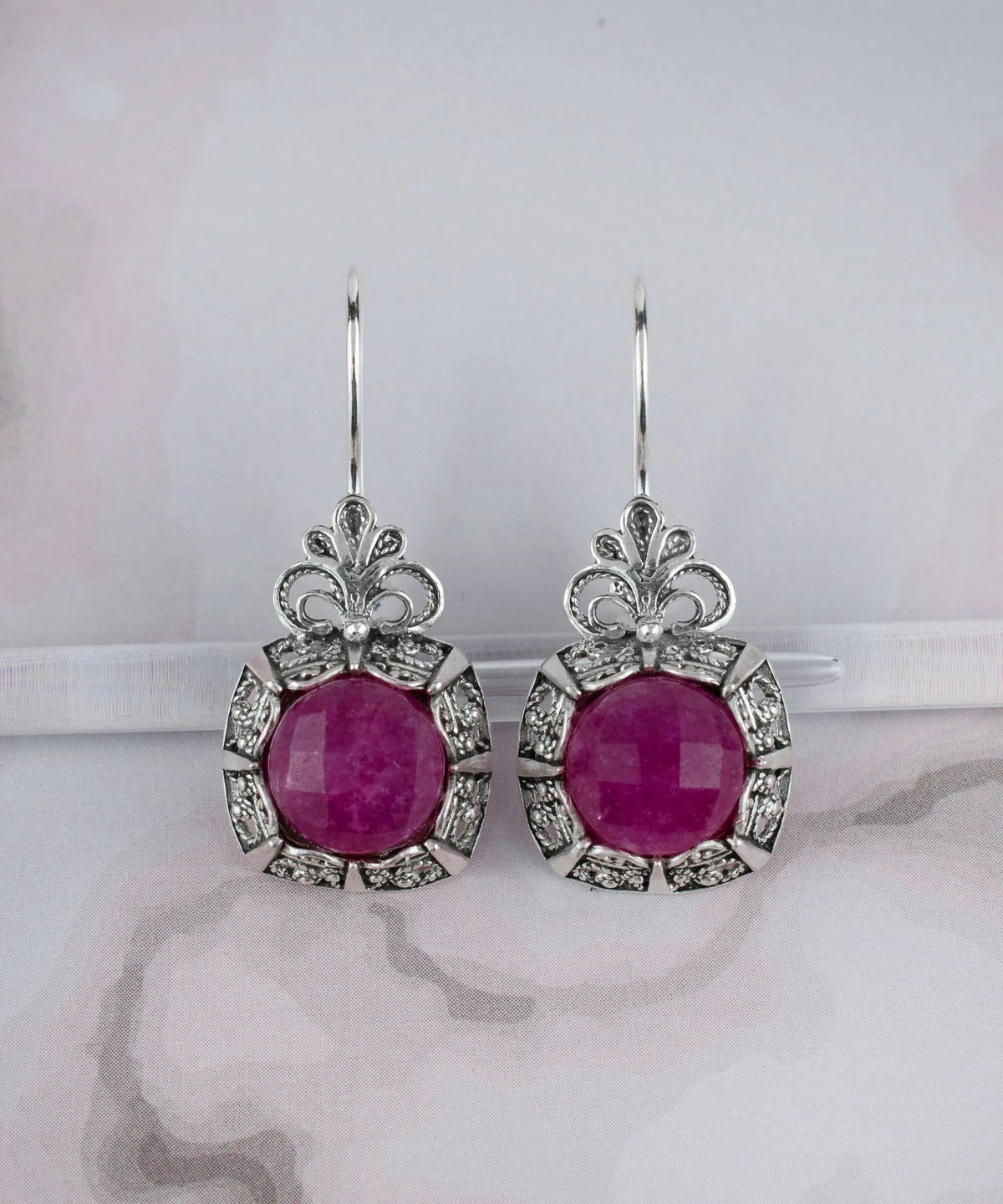 Filigree Art Ruby Corundum Gemstone Women Silver Drop Earrings - Drakoi Marketplace