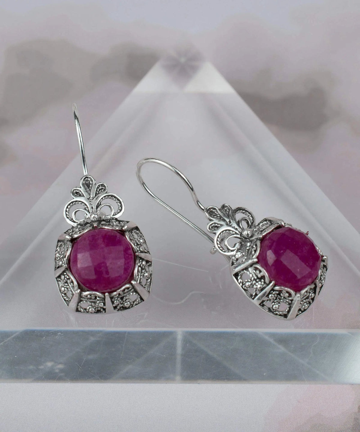 Filigree Art Ruby Corundum Gemstone Women Silver Drop Earrings - Drakoi Marketplace