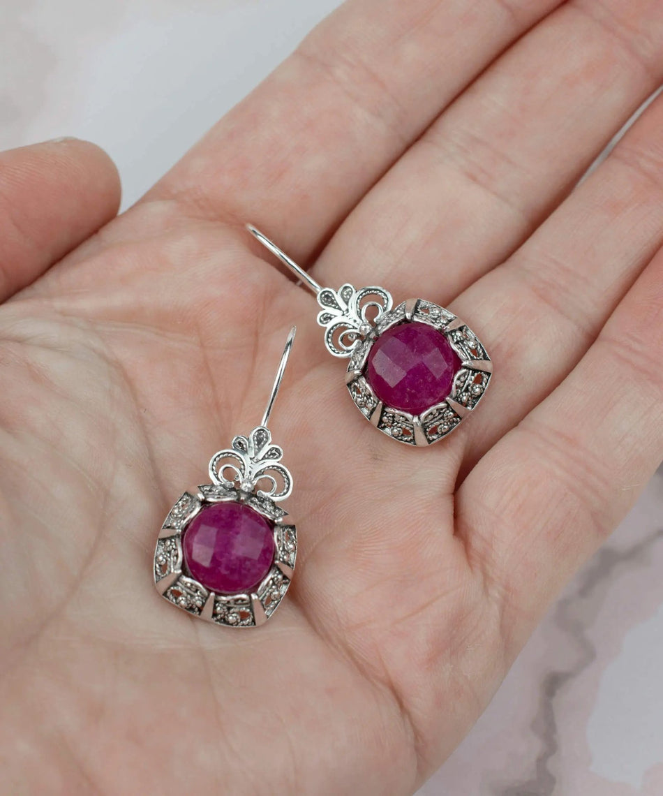 Filigree Art Ruby Corundum Gemstone Women Silver Drop Earrings - Drakoi Marketplace