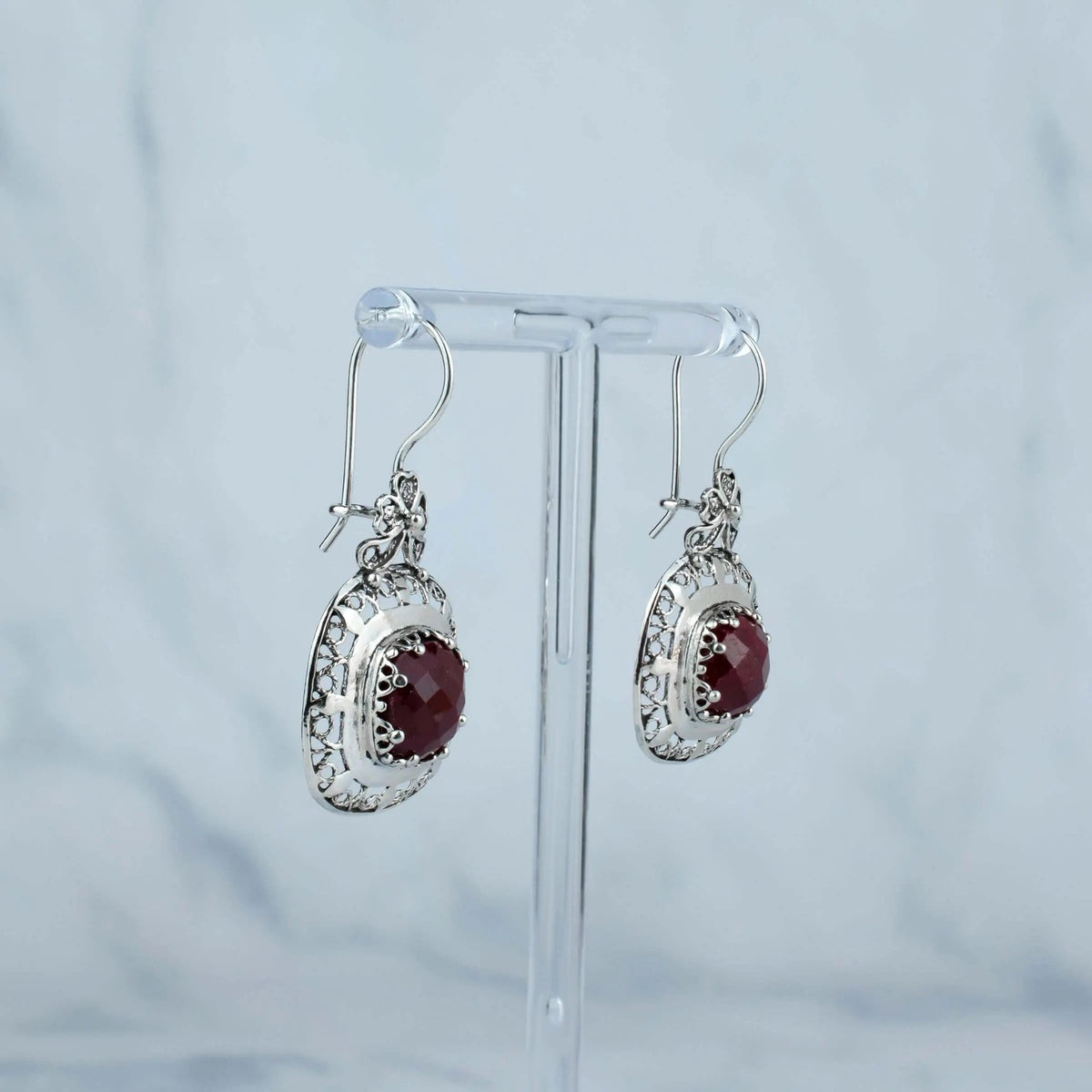 Filigree Art Ruby Corundum Gemstone Women Silver Drop Earrings - Drakoi Marketplace