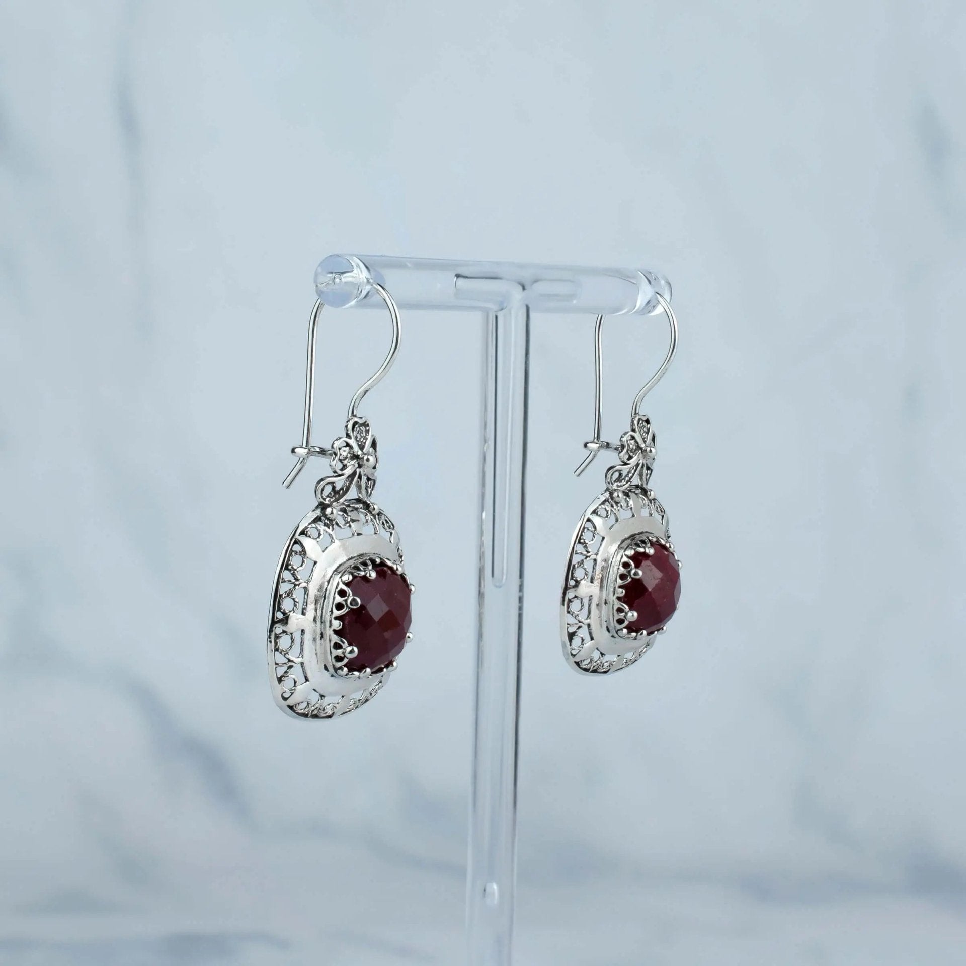 Filigree Art Ruby Corundum Gemstone Women Silver Drop Earrings - Drakoi Marketplace