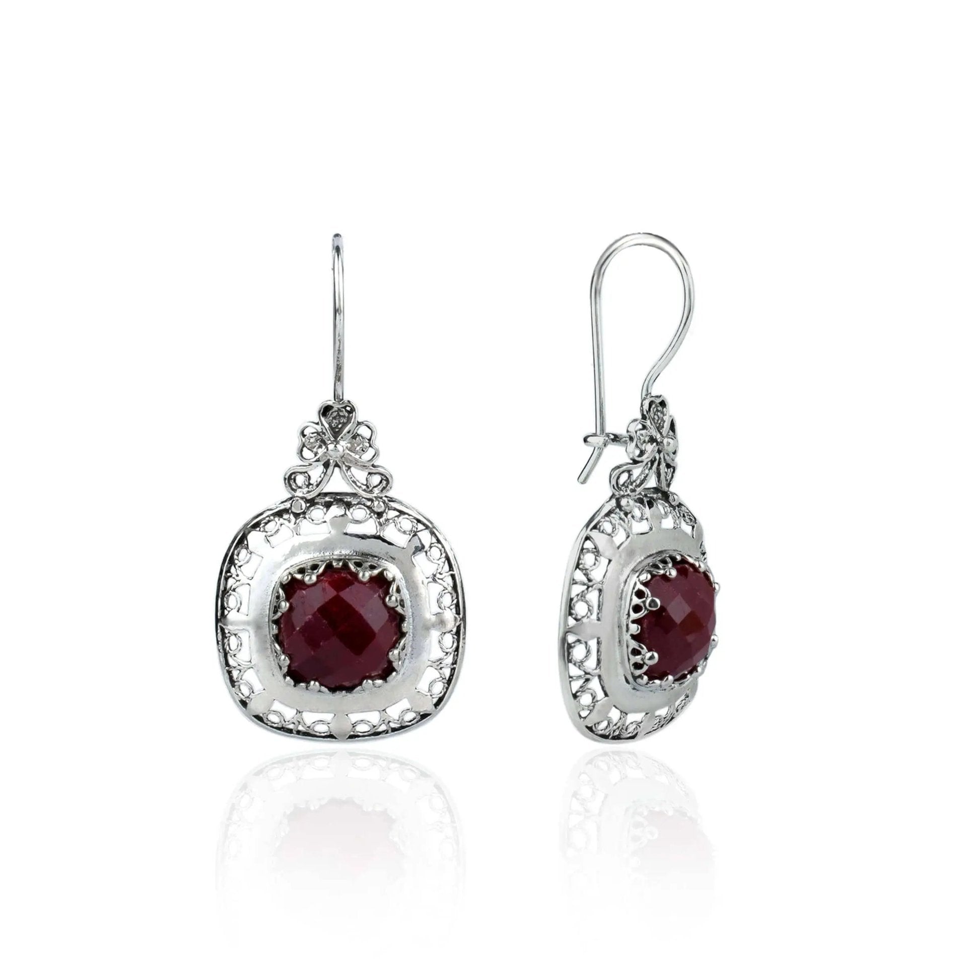 Filigree Art Ruby Corundum Gemstone Women Silver Drop Earrings - Drakoi Marketplace