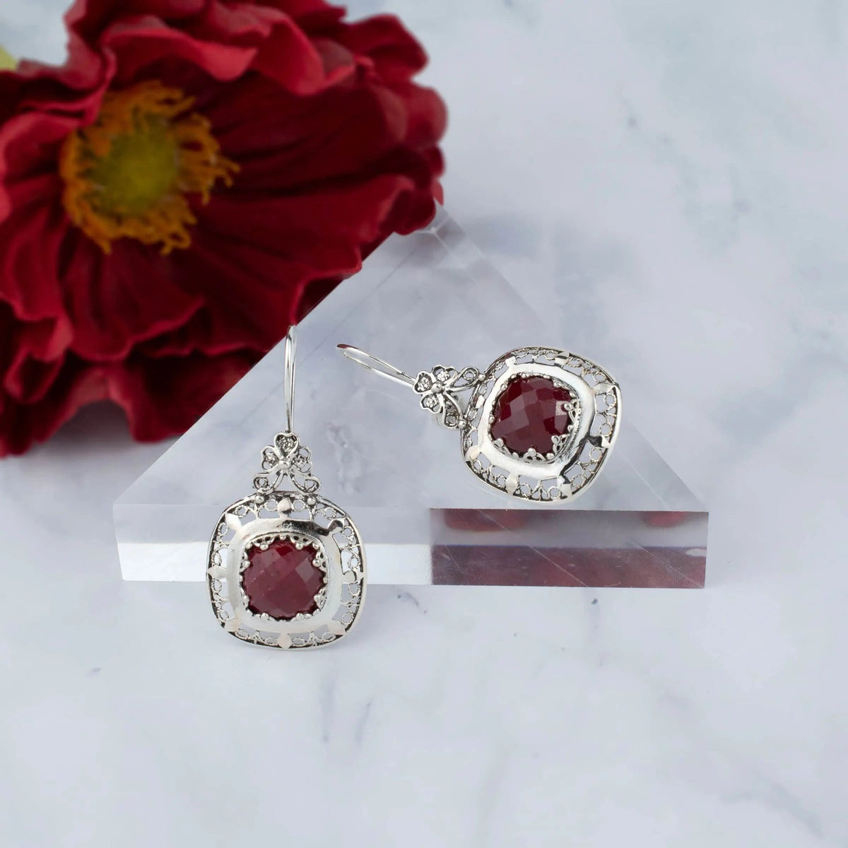 Filigree Art Ruby Corundum Gemstone Women Silver Drop Earrings - Drakoi Marketplace